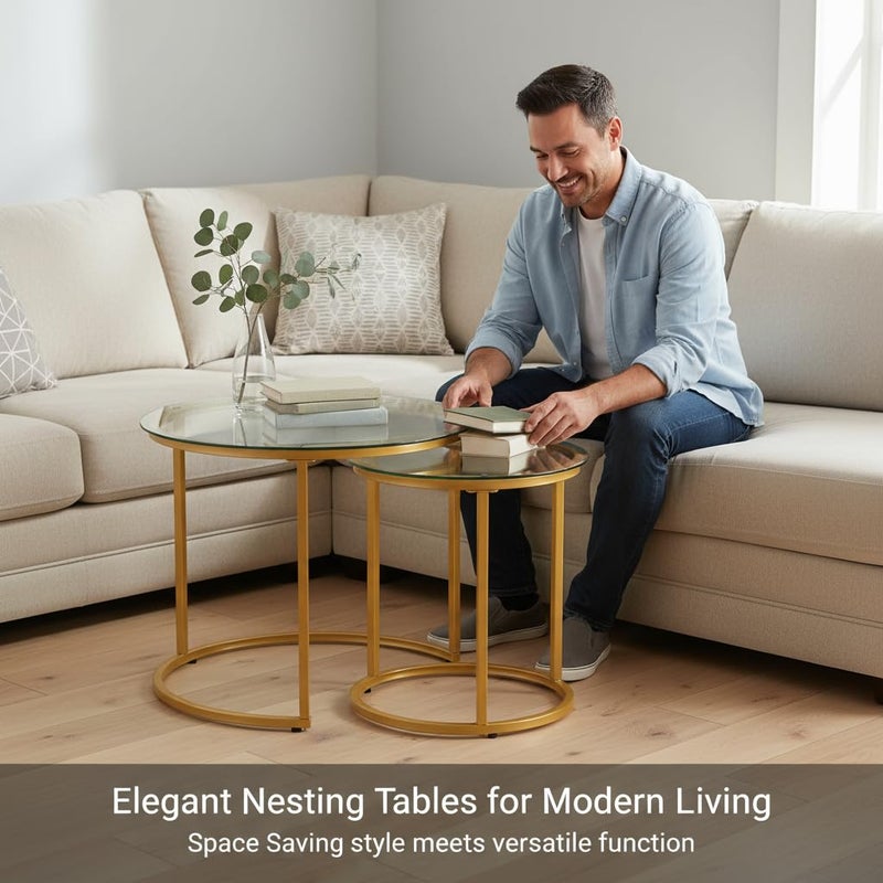 Cuizehua Round Nesting Coffee Table Set of 2, Modern Glass Nesting Tables, Stacking Minimalist End Table for Living Room Bedroom Small Space, Clear Tempered Glass and Gold - Image 3