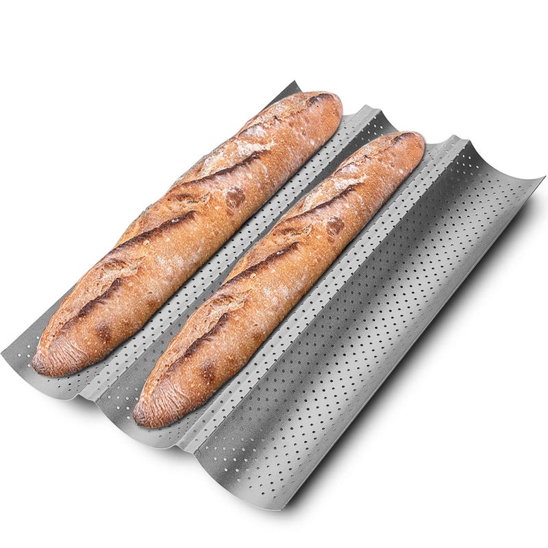 KITESSENSU Nonstick Baguette Pans for French Bread Baking Perforated 3 Loaves Baguettes Bakery Tray 15 x 9 Silver