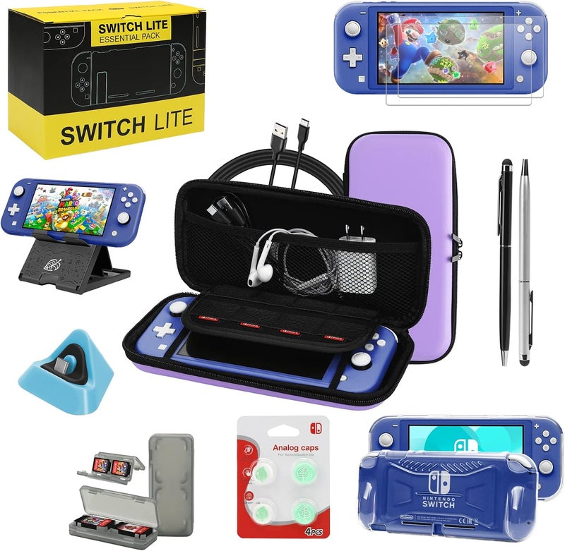 حزمة إكسسوارات Nintendo Switch Lite، تتضمن حقيبة للحمل، غطاء للهاتف مصنوع من TPU مع واقي للشاشة، محطة شحن، قاعدة للعب، حافظة لبطاقات الألعاب، كابل USB، قلم استخدام (Stylus)، وأغطية للإبهام لجهاز Nintendo Switch Lite (لون بنفسجي). - Image 1