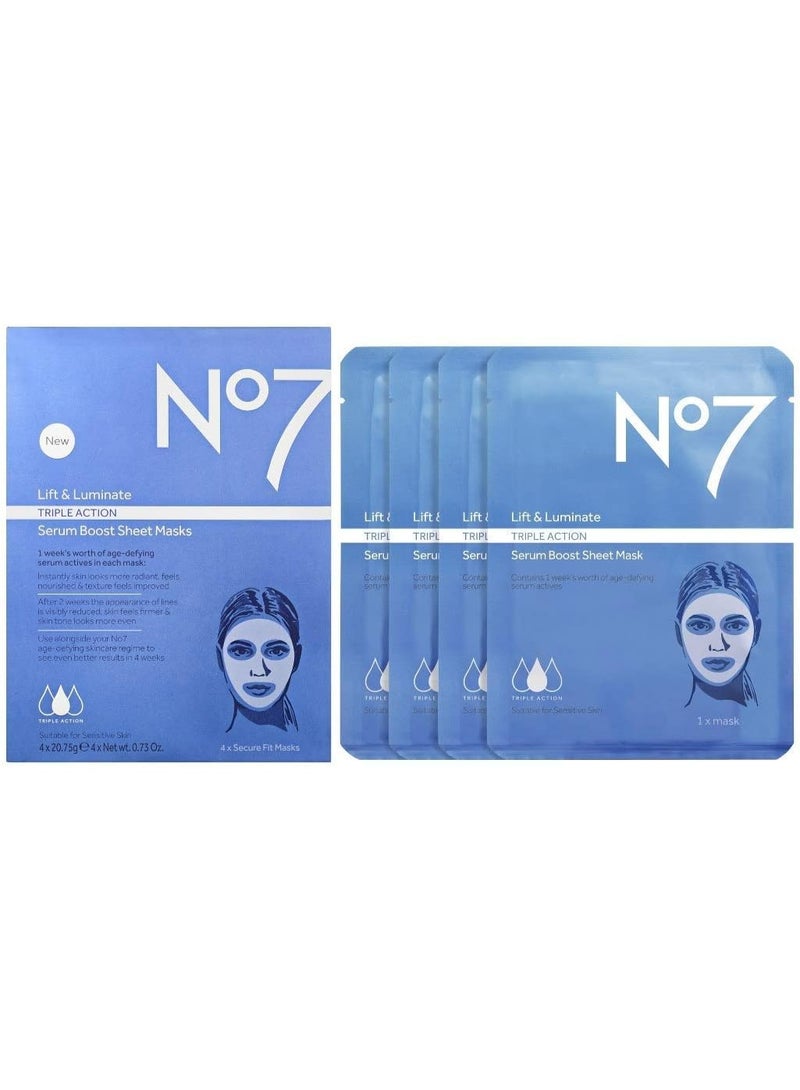 Boots No.7 No 7 Lift & Luminate Triple Action Serum Boost Sheet Masks (4pcs) - Image 1