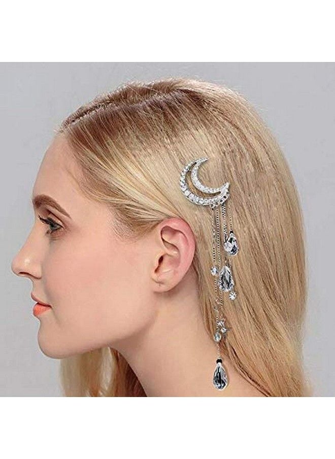 Queenland Romantic Crescent Moon Star Crystal Dangle Hairpin Rhinestone Beads Hair Clips Bridal Jewelry Tassel Drop Hair Pins Bobby Pins For Women Girls Hair Accessories (Silver)  - Image 5