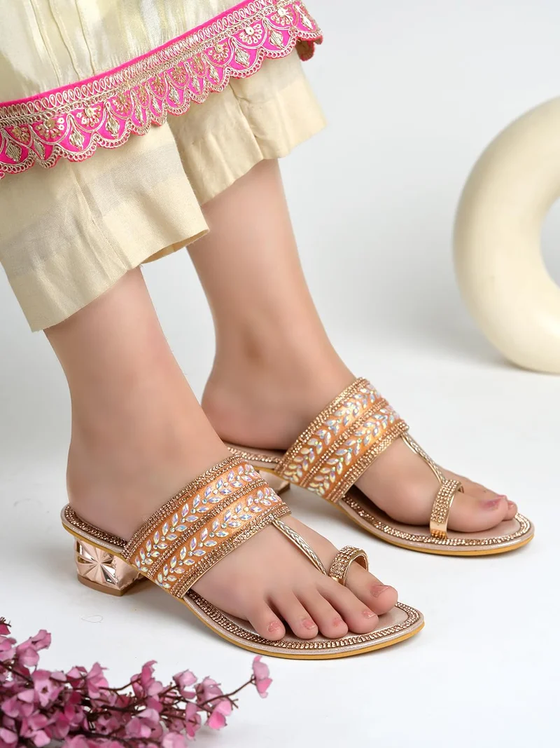 Shoetopia Shoetopia Women’s Rose-Gold Heel Sandals Block Heel Party Footwear Slip-On Footwear Elegant Shimmery Sandals for Wedding, Festive & Casual Outfits EU36