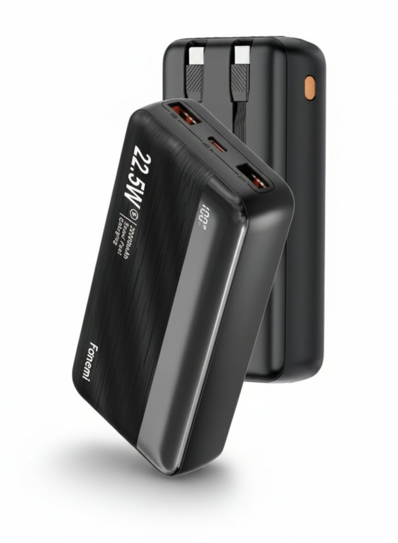 Fonemi 20000mAh Power Bank 22.5W Fast Charging, Built-in 2 Cables | Type-C and Lightning | Digital LED Display, Smart Protection Chip, Dual Input & Multiple Output, Portable light weight, Multi-Device Charging for Outdoor,Flight Approved,  Home & Office, Black - Image 1