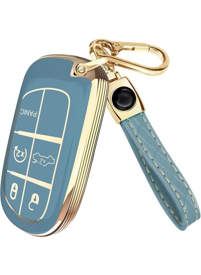 Lucrum for Dodge, Jeep, Chrysler Key Fob Cover and Leather Keychain, 5 Buttons Key Case for Dodge Ram, Charger, Dart, Durango, Journey - 2011-2025 Keyfob Cover for M3N-40821302 - Blue and Gold - Image 1