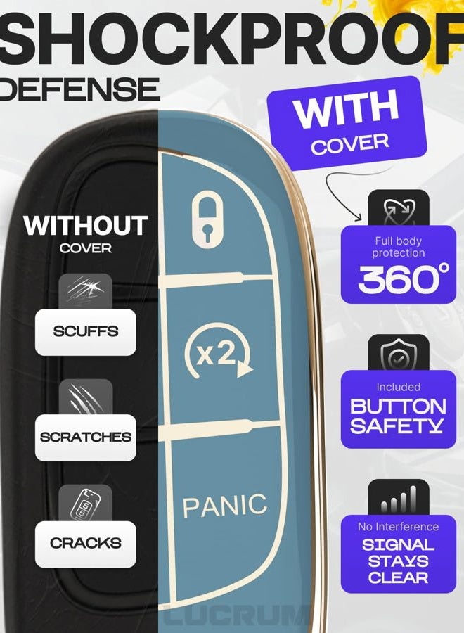 Lucrum for Dodge, Jeep, Chrysler Key Fob Cover and Leather Keychain, 5 Buttons Key Case for Dodge Ram, Charger, Dart, Durango, Journey - 2011-2025 Keyfob Cover for M3N-40821302 - Blue and Gold - Image 4