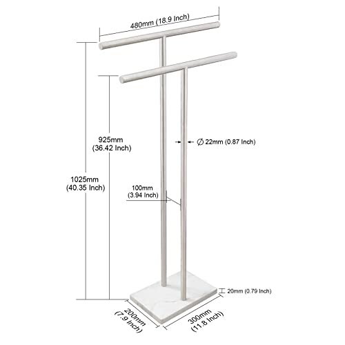 EADOT 40 Inch Standing Towel Rack Double-T Shape Tall Bath Towel Sheet Holder with Marble Design Base for Bathroom Floor Next to Tub or Shower 2 Tier Towel Holder Stand Stainless Steel Brushed Nickel - Image 2