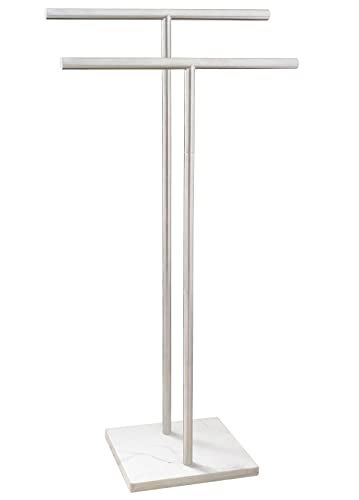 EADOT 40 Inch Standing Towel Rack Double-T Shape Tall Bath Towel Sheet Holder with Marble Design Base for Bathroom Floor Next to Tub or Shower 2 Tier Towel Holder Stand Stainless Steel Brushed Nickel - Image 1