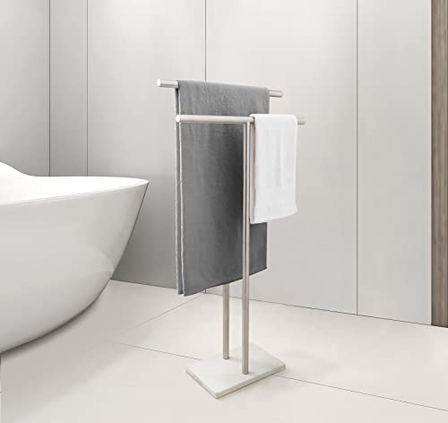 EADOT 40 Inch Standing Towel Rack Double-T Shape Tall Bath Towel Sheet Holder with Marble Design Base for Bathroom Floor Next to Tub or Shower 2 Tier Towel Holder Stand Stainless Steel Brushed Nickel - Image 3