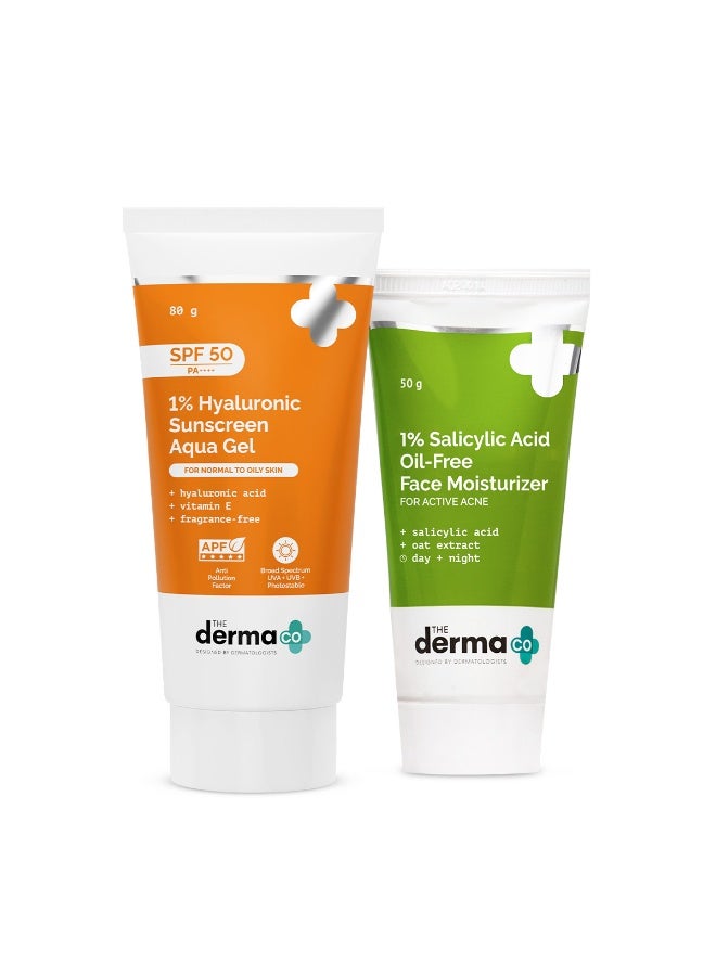 THE derma Co مرطب حمض الساليسيليك 1% 50 جرام و جل مائي واقي من الشمس 1% حمض الهيالورونيك SPF 50 80 جرام للبشرة الدهنية والمعرضة لحب الشباب | خفيف الوزن، مرطب، يتحكم في الزيوت وحماية من الشمس، مجموعة (طقم من 2) - Image 1