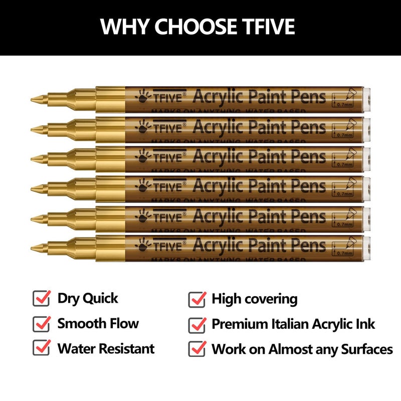 TFIVE Gold Marker Paint Pens - 6 Pack Acrylic Gold Permanent Marker, 0.7mm Extra Fine Tip Paint Pen for Art projects, Drawing, Rock Painting, Stone, Ceramic, Glass, Wood, Plastic, Metal, Canvas DIY Crafts - Image 2