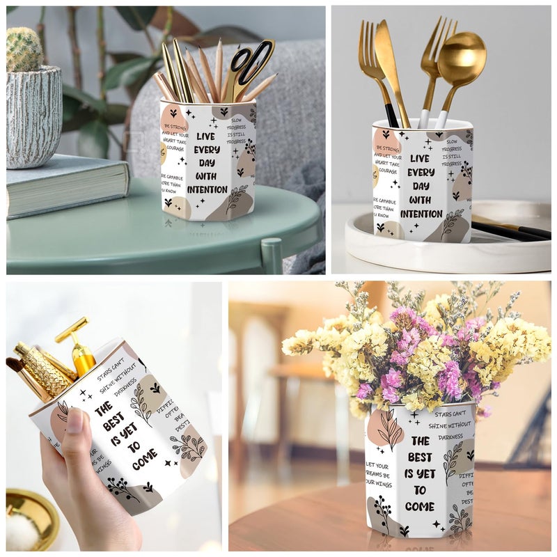 WAVEYU Cute Pen Holder for Desk, Ceramic Pencil Holder, Makeup Brush Holders, Desktop Stationery Organizer for School Students Office Women Teens Girls Boys, Words - Image 2