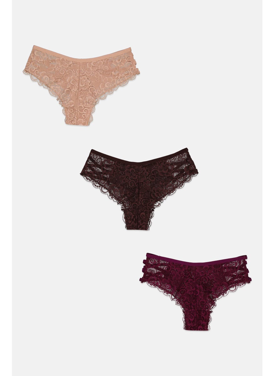 French Affair Women 3 Pieces Floral Pattern Detailed Underwear, Purple Combo  - Image 2