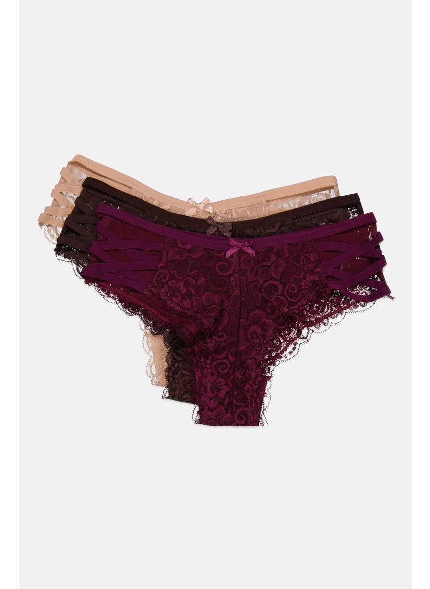 French Affair Women 3 Pieces Floral Pattern Detailed Underwear, Purple Combo  - Image 3