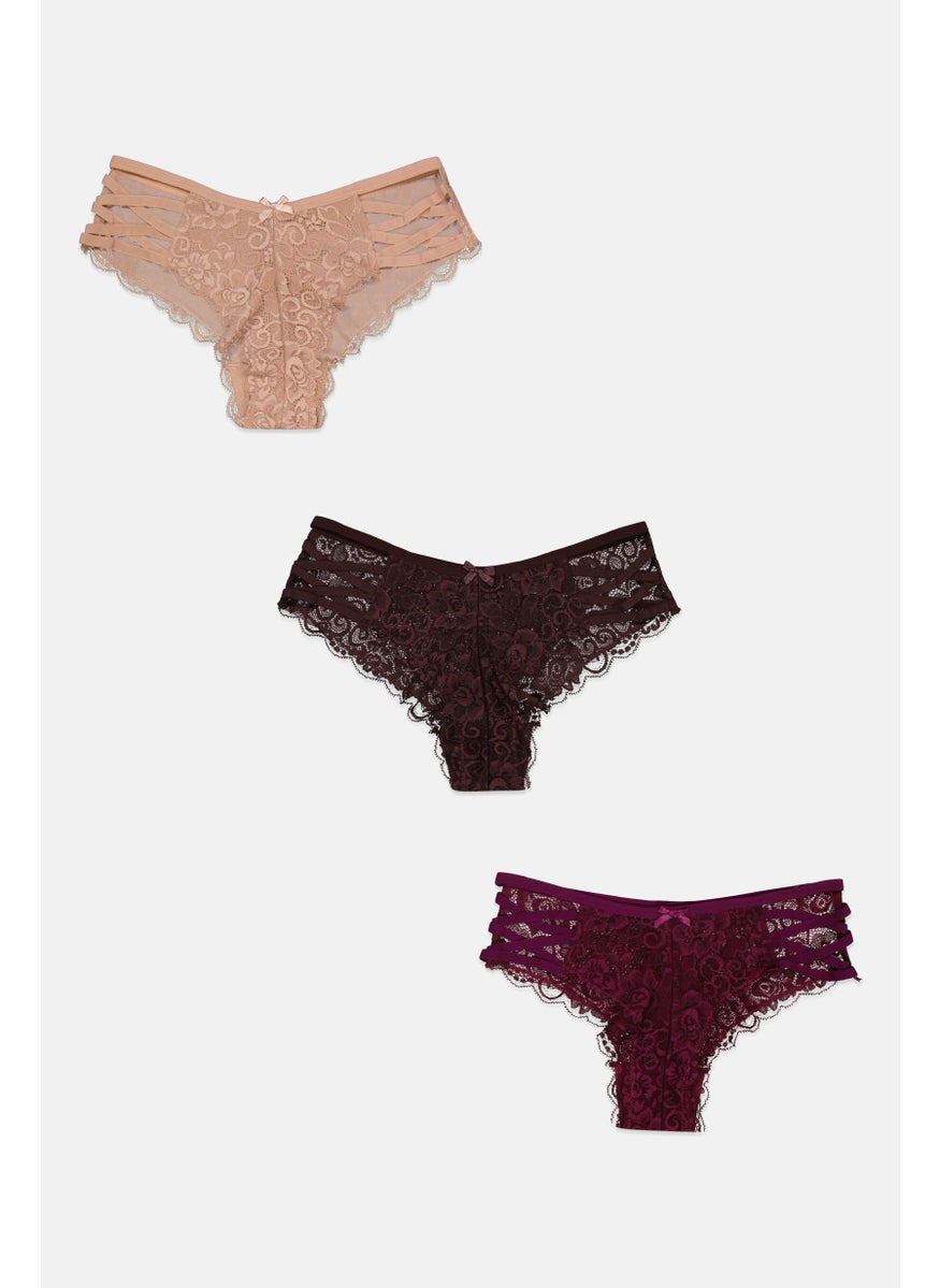 French Affair Women 3 Pieces Floral Pattern Detailed Underwear, Purple Combo  - Image 1