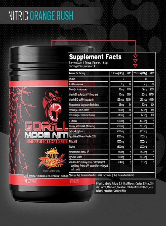 جوريلا_مايند مكمل ما قبل التمرين Gorilla Mode Nitric المُطوّر الخالي من المنبهات - أفضل مكمل ما قبل التمرين من حيث المذاق والفعالية / ضخ دموي هائل · توسيع الأوعية الدموية · قوة / 772 غرام (نكهة البرتقال المنعشة) - Image 2