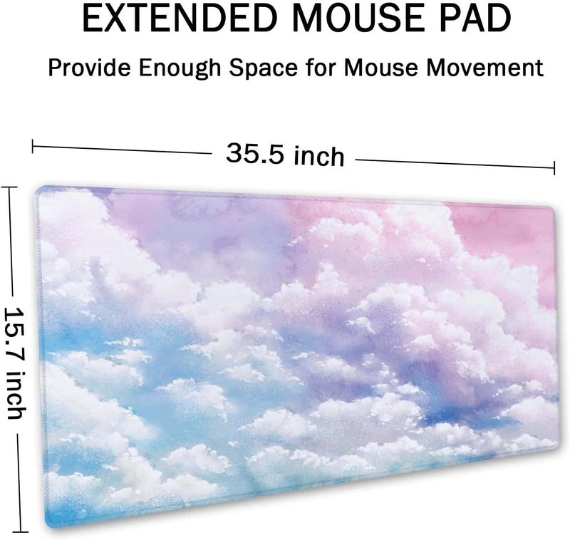 SSOIU Watercolor Pastel Sky Desk Mat, Cloud and Pink Sky Extended Mouse Pad, XXL Gaming Mouse Pad, 35.5x15.7inch - Image 2