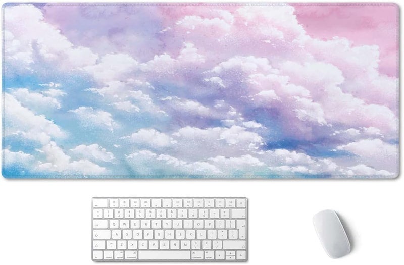 SSOIU Watercolor Pastel Sky Desk Mat, Cloud and Pink Sky Extended Mouse Pad, XXL Gaming Mouse Pad, 35.5x15.7inch - Image 1