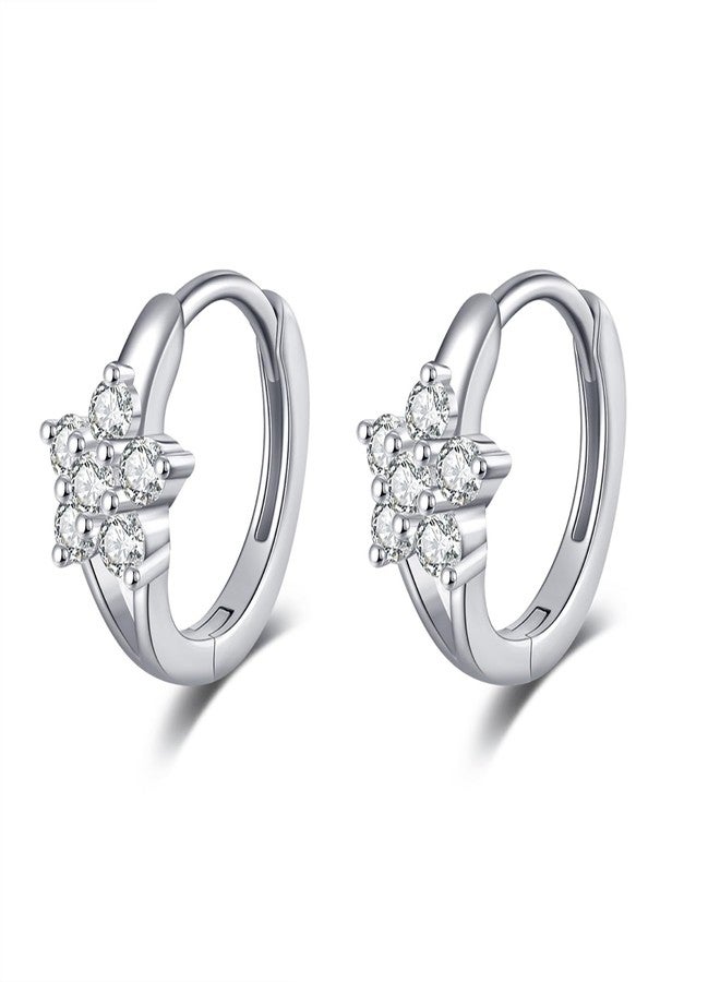 Reffeer Solid 925 Sterling Silver CZ Flower Hoop Earrings Huggie for Women Teen Girls Cute Daisy Hoop Earrings (A-Silver) - Image 1