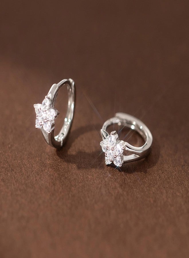 Reffeer Solid 925 Sterling Silver CZ Flower Hoop Earrings Huggie for Women Teen Girls Cute Daisy Hoop Earrings (A-Silver) - Image 5