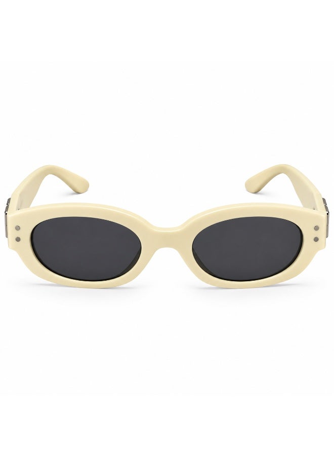 Oval Sunglasses with Ivory Cream Frame and Dark Smoke Lenses - Image 2
