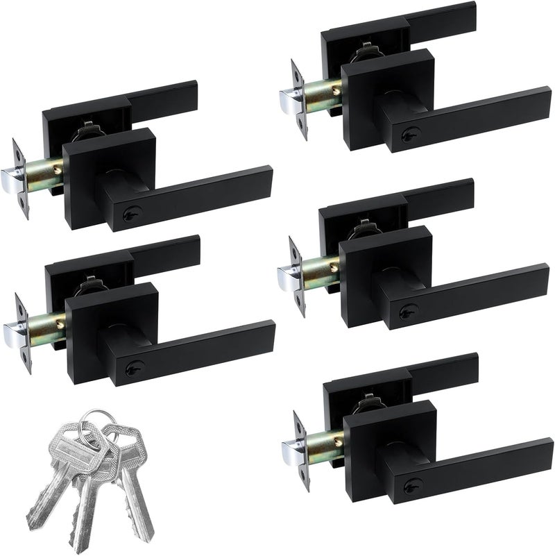 JOKO 5 Pack Entry Door Lock Set, Square Door Lever for Bedroom, Passage Door Privacy Locking Interior/Exterior Entry Door Knob/Heavy Duty Lock Different Keys - Image 1