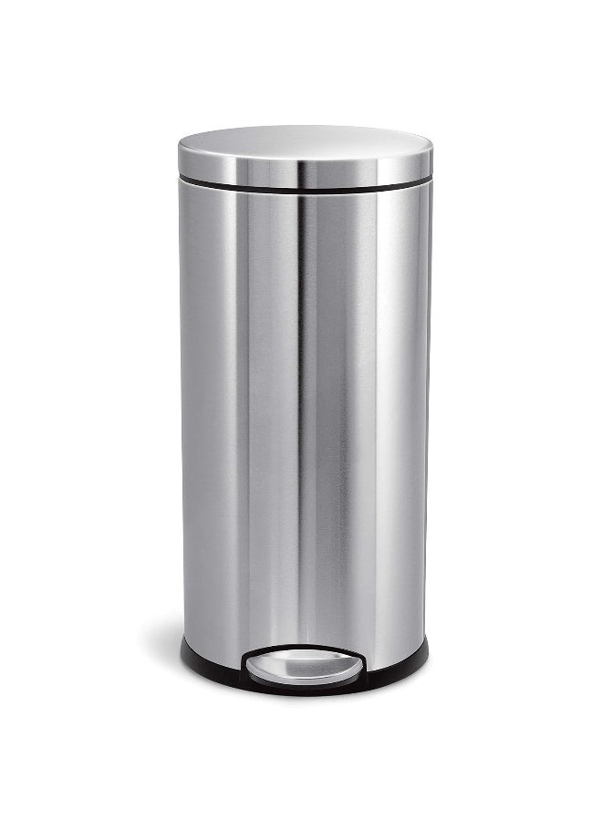 simplehuman سلة مهملات بسيطة إنسان سعة 30 لتر / 8 جالون دائرية مع دواسة، من الفولاذ المقاوم للصدأ المصقول، 15.1 × 12.4 × 25.6 بوصة - Image 1