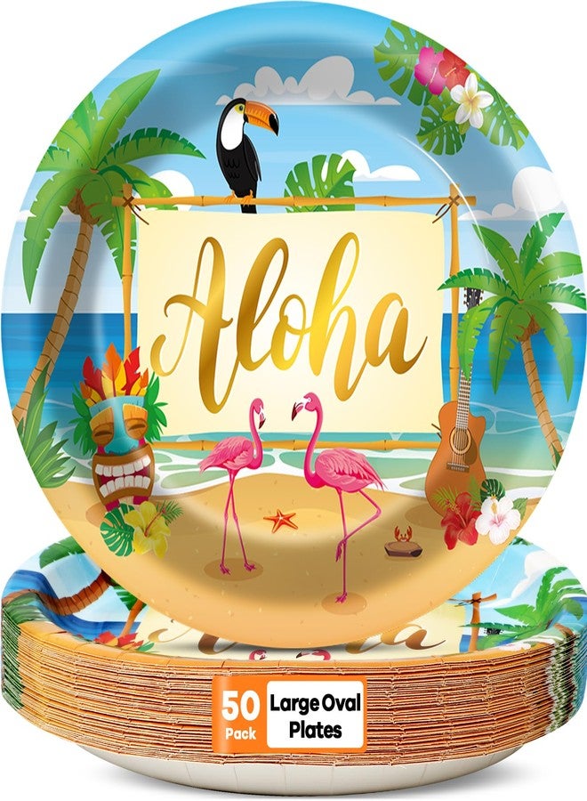 Lonfliness 50 PCS Hawaiian Luau Party Plates Decorations Supplies Large 11 Inch Summer Aloha Party Disposable Paper Plates Hawaii Tropical Heavy Duty Dish Tray for Summer Birthday Party Baby Shower - Image 1