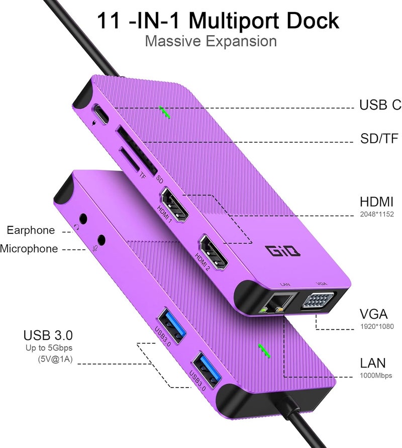 Giq USB Docking Station USB C HUB USB 3.0 to Dual HDMI VGA Adapter Triple Display USB C Laptop Docking Station Dual Monitor HDMI Splitter Extender Compatible with MacBook M1 M2 USB Dock-Purple - Image 2