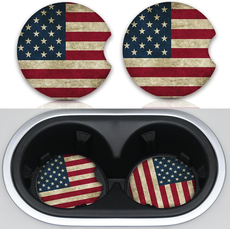 Adastrah Car Coasters for Cup Holders，Car Cup Holder Coasters, 2 Pack Cup Holder Coasters for Car, Anti Slip Rubber Car Cup Mat with A Finger Notch, Cute Car Interior Accessories for Women 2.75" American Flag - Image 1