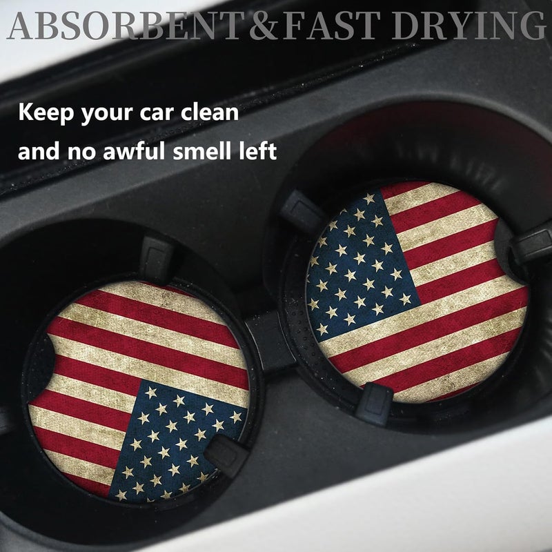 Adastrah Car Coasters for Cup Holders，Car Cup Holder Coasters, 2 Pack Cup Holder Coasters for Car, Anti Slip Rubber Car Cup Mat with A Finger Notch, Cute Car Interior Accessories for Women 2.75" American Flag - Image 2