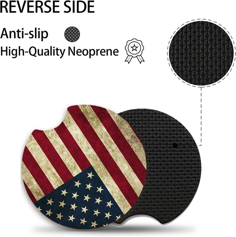 Adastrah Car Coasters for Cup Holders，Car Cup Holder Coasters, 2 Pack Cup Holder Coasters for Car, Anti Slip Rubber Car Cup Mat with A Finger Notch, Cute Car Interior Accessories for Women 2.75" American Flag - Image 3