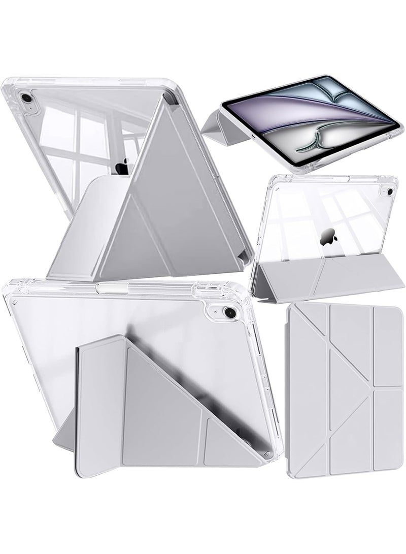 روك بو حافظة لجهاز iPad Air مقاس 13 بوصة (موديلات M4/M3/M2 لسنوات 2026/2025/2024) مع حامل للقلم، تتميز بغطاء خلفي شفاف، وتصميم قابل للطي ثلاثياً (Trifold) ووضعيات تثبيت متعددة (6 في 1) بنمط حرف Y؛ غطاء ذكي لجهاز iPad Air 13 بوصة (M4/M3/M2) بظهر شفاف، يدعم خاصية Touch ID وخاصية التشغيل/الإيقاف التلقائي للشاشة (Auto Wake/Sleep) - اللون: رمادي. - Image 1