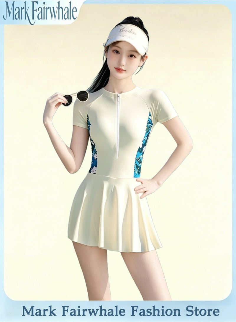 Mark Fairwhale Spliced Short Sleeved Front Zipper One-Piece Dress Swimsuit - Image 1