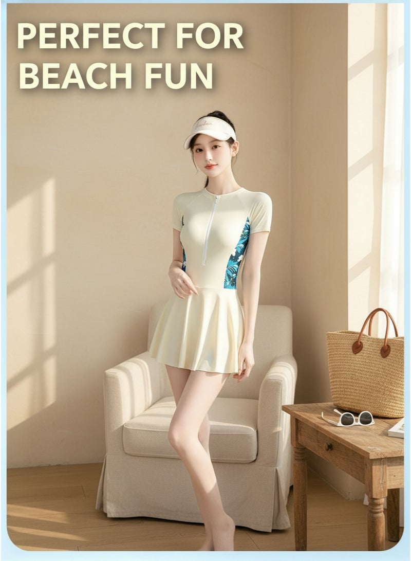 Mark Fairwhale Spliced Short Sleeved Front Zipper One-Piece Dress Swimsuit - Image 3