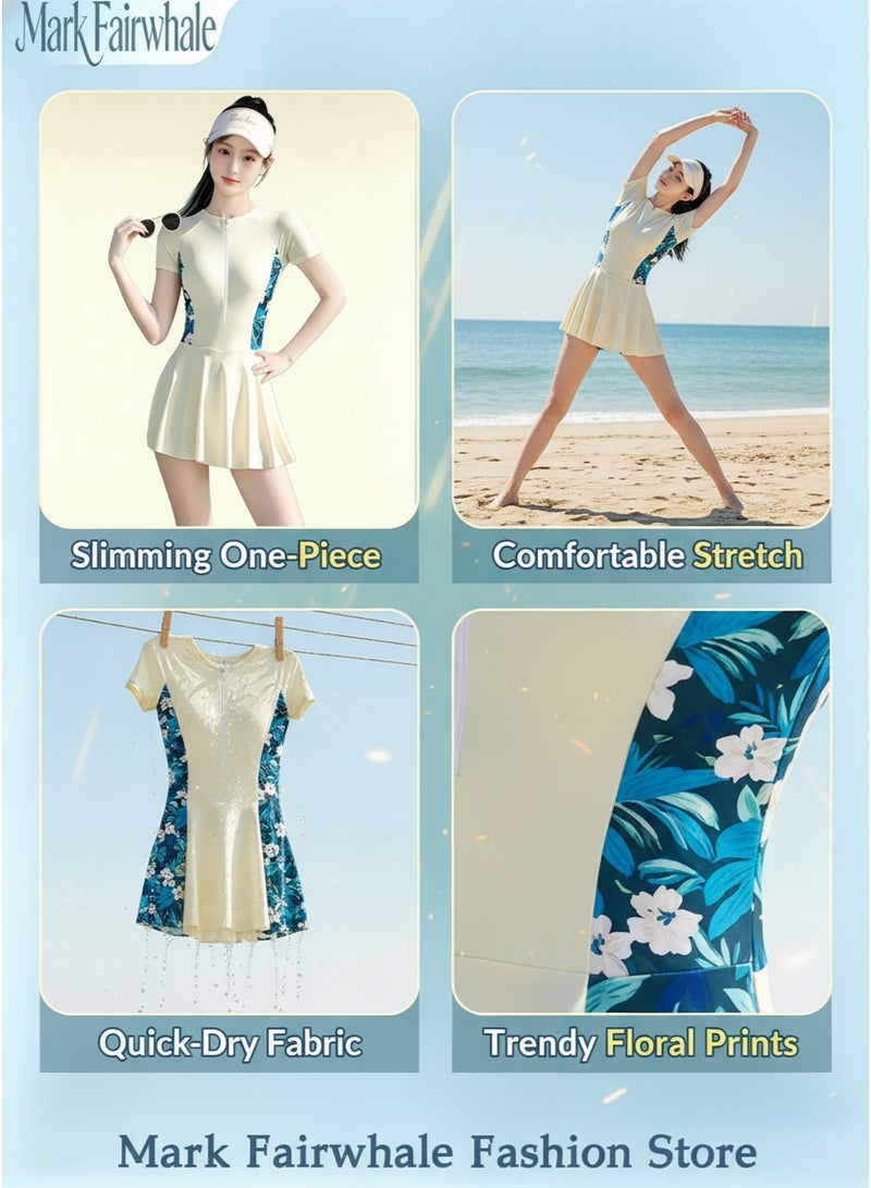 Mark Fairwhale Spliced Short Sleeved Front Zipper One-Piece Dress Swimsuit - Image 2