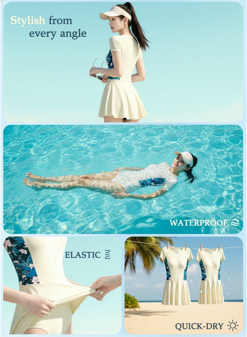 Mark Fairwhale Spliced Short Sleeved Front Zipper One-Piece Dress Swimsuit - Image 5