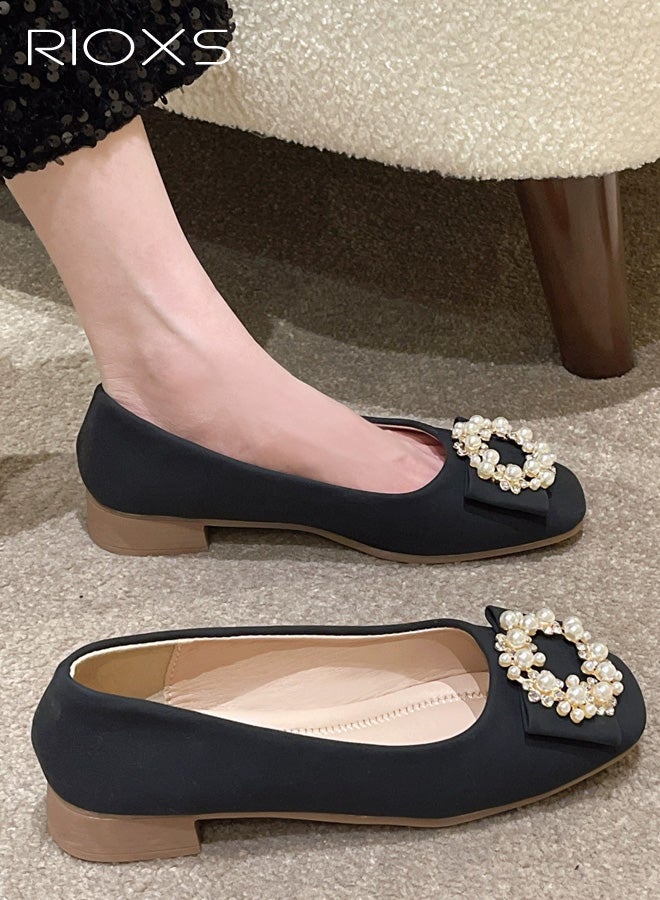 RIOXS Women's Mary Jane Flats, 2cm Low Heel Ballet Flats, PU Leather Square Closed Toe Flats with Pearl Rhinestone Buckle, Ladies Comfort Slip-on Dress Shoes, Bling Rhinestone Ballet Shoes for Women, Dress Flats for Wedding Prom Party Dating, Woman Fashion Black Footwear - Image 1