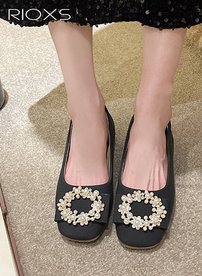 RIOXS Women's Mary Jane Flats, 2cm Low Heel Ballet Flats, PU Leather Square Closed Toe Flats with Pearl Rhinestone Buckle, Ladies Comfort Slip-on Dress Shoes, Bling Rhinestone Ballet Shoes for Women, Dress Flats for Wedding Prom Party Dating, Woman Fashion Black Footwear - Image 3