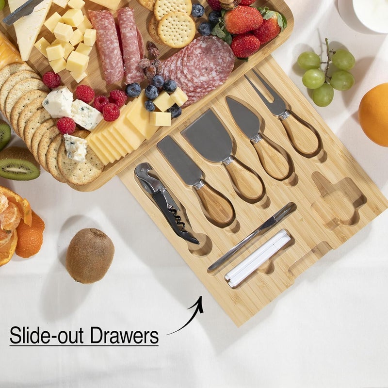 YEKBEE Bamboo Cheese Board & Knife Set – Large Charcuterie Board with Bowls, Slate Labels & Utensils, Perfect Serving Tray for Wine, Appetizers & Entertaining – Ideal Gift for Housewarming & Weddings - Image 4