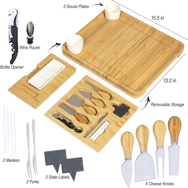 YEKBEE Bamboo Cheese Board & Knife Set – Large Charcuterie Board with Bowls, Slate Labels & Utensils, Perfect Serving Tray for Wine, Appetizers & Entertaining – Ideal Gift for Housewarming & Weddings - Image 5