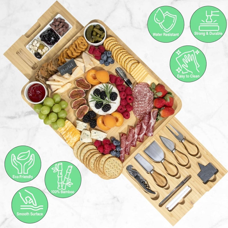 YEKBEE Bamboo Cheese Board & Knife Set – Large Charcuterie Board with Bowls, Slate Labels & Utensils, Perfect Serving Tray for Wine, Appetizers & Entertaining – Ideal Gift for Housewarming & Weddings - Image 3
