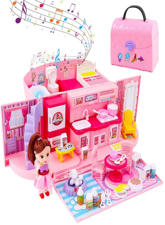 deAO Doll Houses Portable Backpack for Girls with Doll Toy House with Light and Music Baby Dollhouse Furniture for 3 to 8 Years Olds Toddler Kids - Image 1