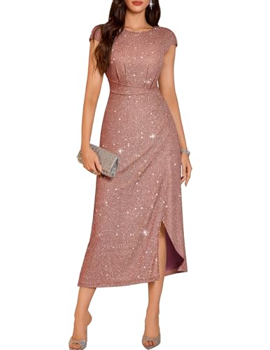 DRESSTELLS Formal Wedding Guest Dresses for Women, Sequin Cocktail Tea Party Sparkly Bridesmaid Evening Prom Fit Flare Gala Dress Glitter DustyRose XL - Image 1