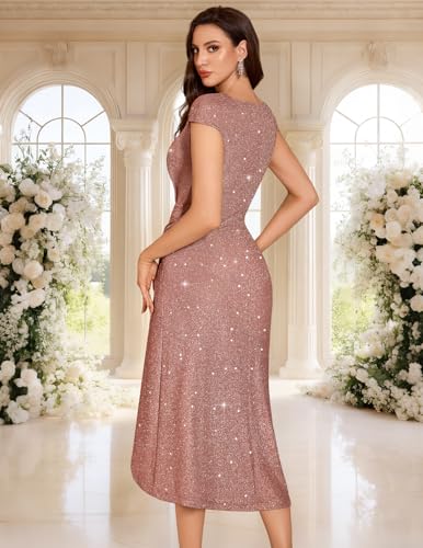 DRESSTELLS Formal Wedding Guest Dresses for Women, Sequin Cocktail Tea Party Sparkly Bridesmaid Evening Prom Fit Flare Gala Dress Glitter DustyRose XL - Image 4