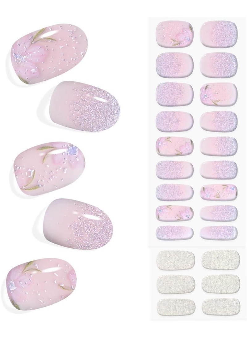 King Horse Semi Cured Gel Nail Strips Glossy Gel Nail Stickers Waterproof Semicured Gel Nail Wraps Long Lasting Semi-Cured Gel Strips for Nails Manicure (Crystal Peach Blossom K253) 
