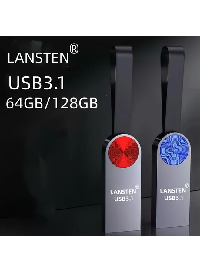 USB 3.1 Flash Drive 64GB Blue Metal Portable High Speed Memory Stick for PC Laptop Car - Image 1