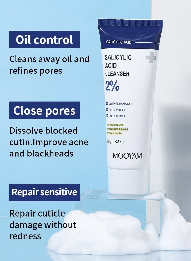 MOOYAM Salicylic Acid Cleanser - with 2% Salicylic Acid，Ceramide and Niacinamide | Gentle Foaming Face Wash for Sensitive, Acne Prone Skin | Deep Pore Cleaning | Unisex - 80g/2.82oz - Image 2