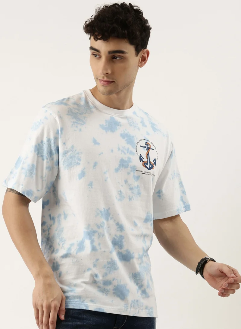 Maniac Maniac Tie and Dye Printed Mens 3-4th sleeve Round Neck White and Blue Cotton Boxy Fit T-Shirt