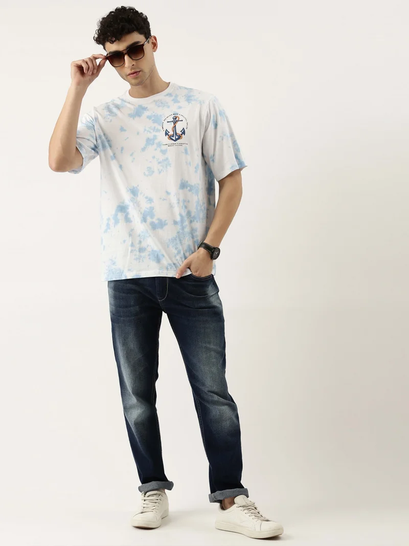 Maniac Maniac Tie and Dye Printed Mens 3-4th sleeve Round Neck White and Blue Cotton Boxy Fit T-Shirt