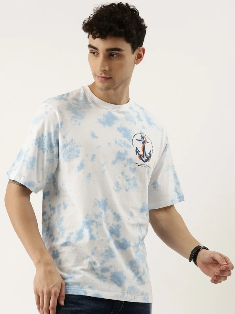 Maniac Maniac Tie and Dye Printed Mens 3-4th sleeve Round Neck White and Blue Cotton Boxy Fit T-Shirt